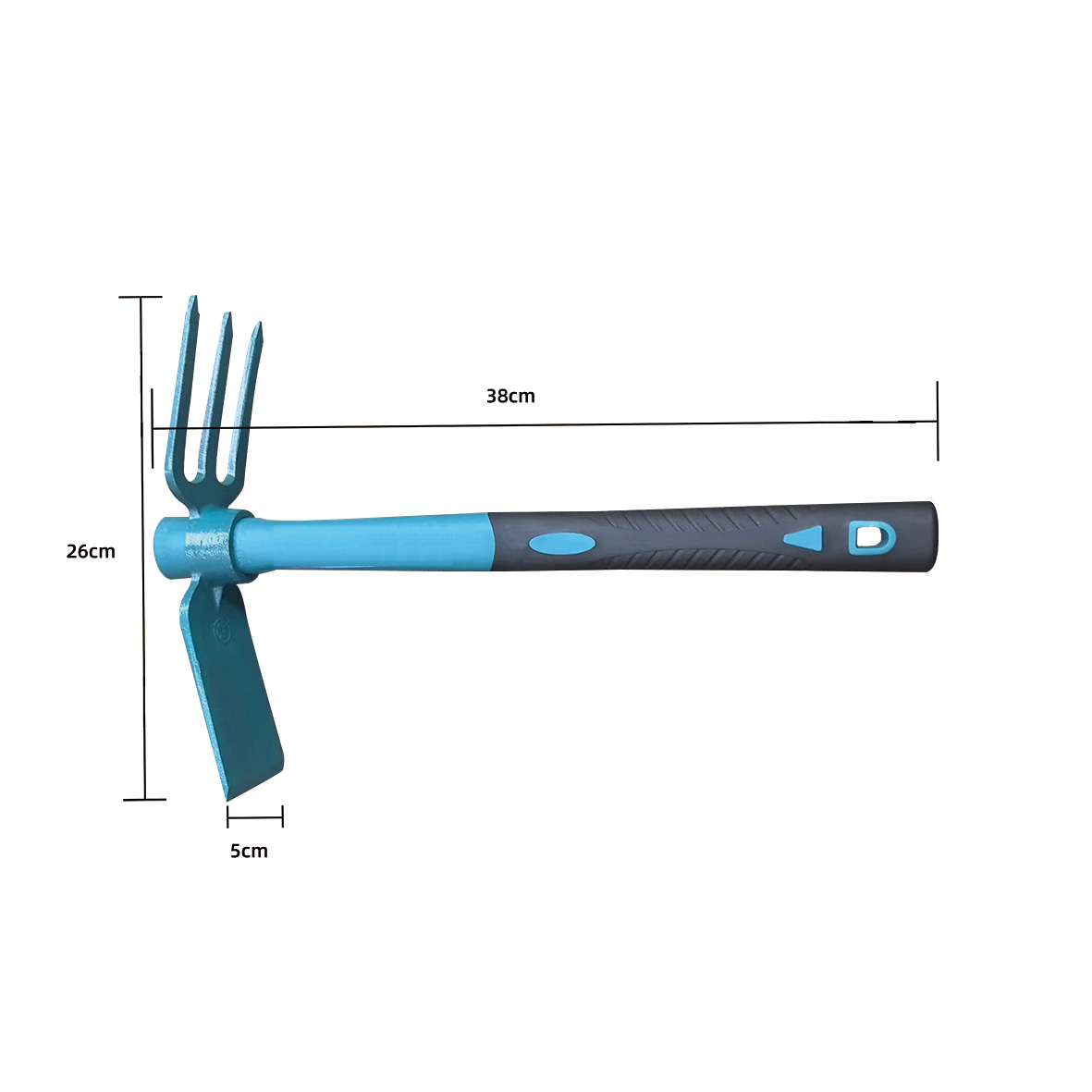 Elliptical fiber-handled flat three-tooth hoe