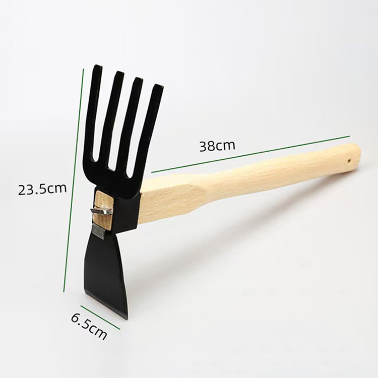 Wooden handle flat four-tooth hoe
