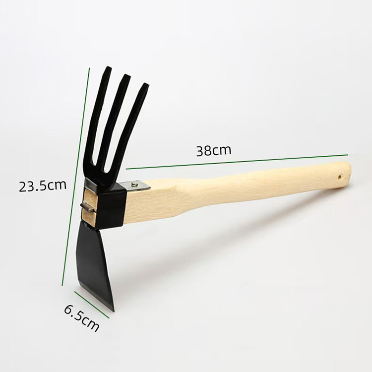 Wooden handle flat three-tooth hoe