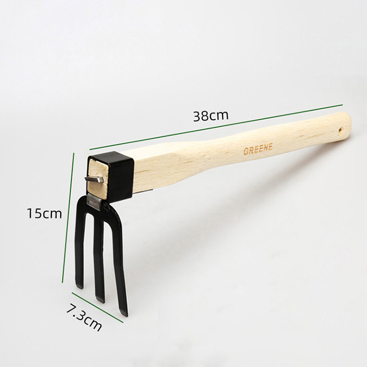 Wooden handle three-tine rake